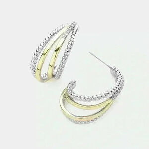 14K GP Two Tone Spilt Hoop Earrings with CZ